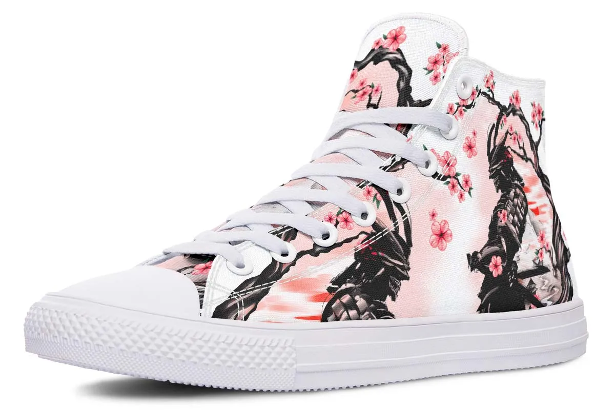 Japanese Samurai And Pink Flowers Tree Canvas High Top Shoes For Men Women