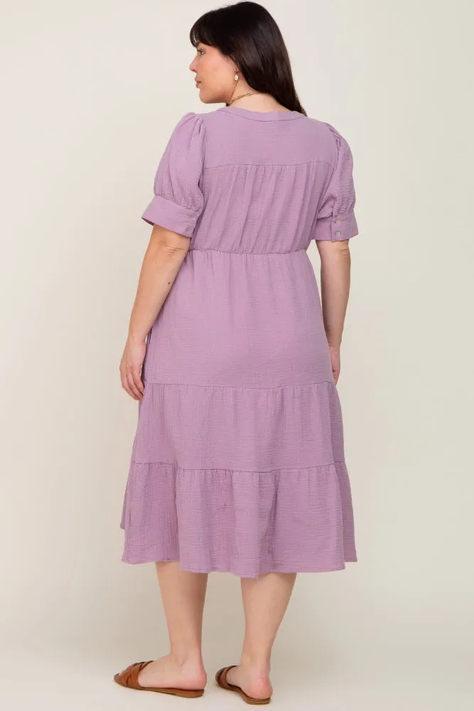 Lavender Button Down Short Sleeve Plus Dress