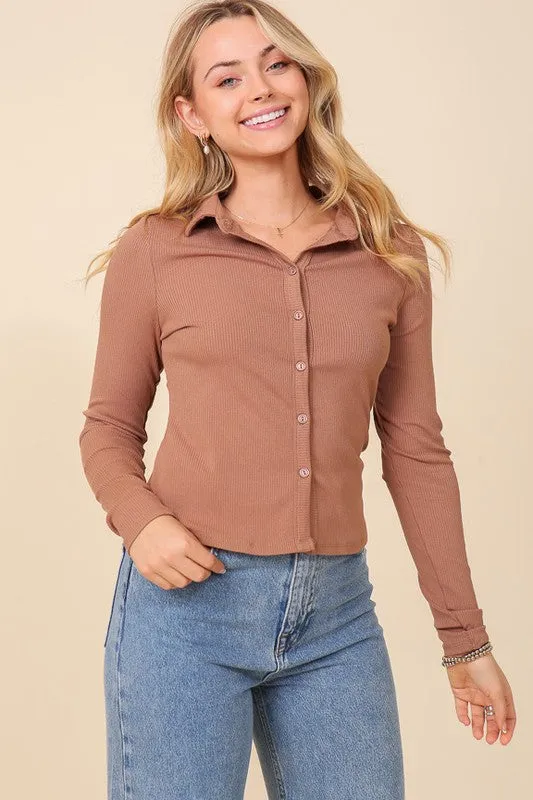 Long Sleeve Polo Button Down Ribbed Top