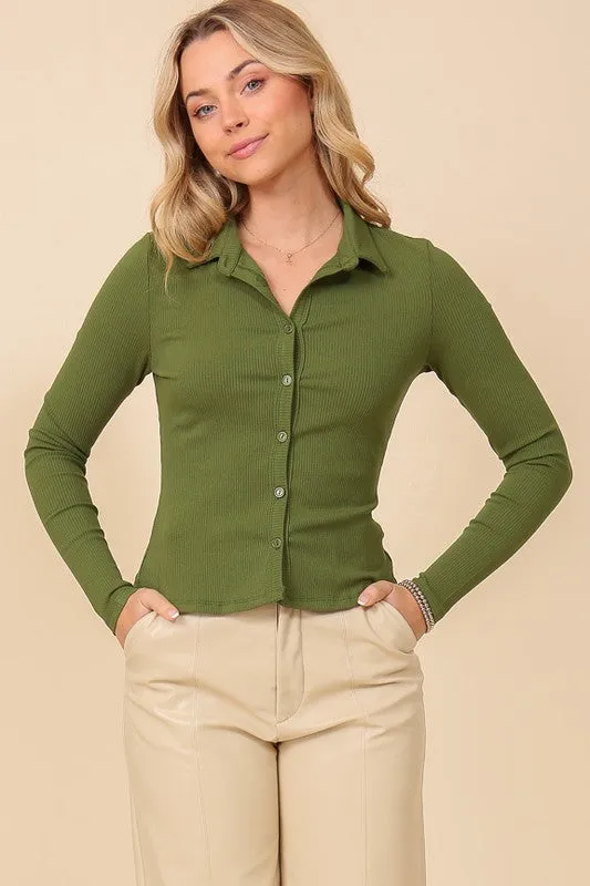 Long Sleeve Polo Button Down Ribbed Top