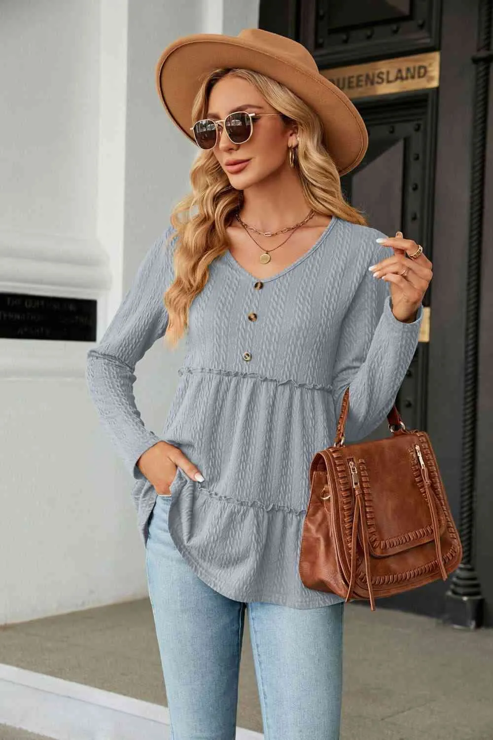 Long Sleeve V-Neck Cable-Knit Blouse