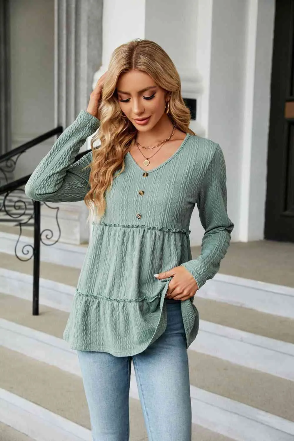 Long Sleeve V-Neck Cable-Knit Blouse