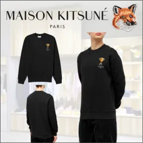 MAISON KITSUNE  |Crew Neck Pullovers Unisex Long Sleeves Plain Cotton Logo