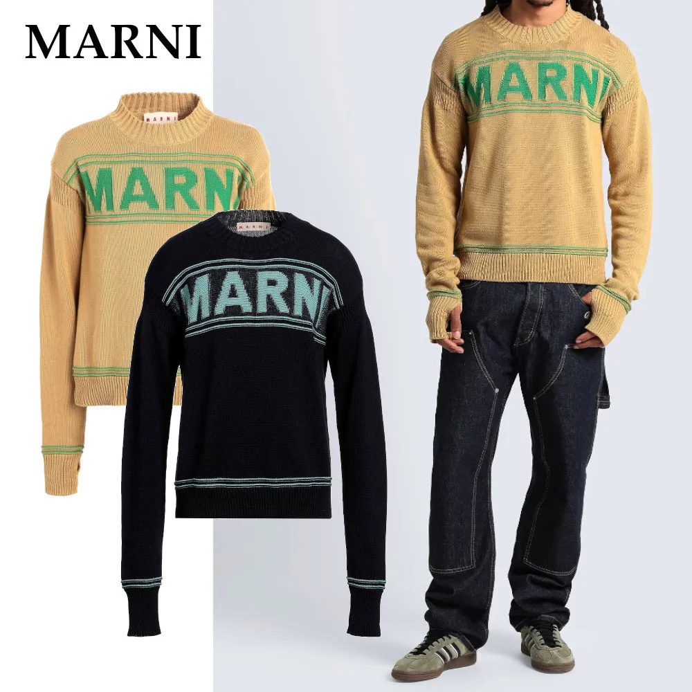 MARNI  |Crew Neck Pullovers Long Sleeves Cotton Oversized Logo