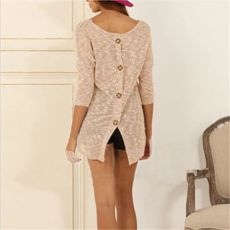 New Autumn Female Knitted Sweater Plus Size Knittedwear Three Quarter 3/4 Sleeve O-neck Back Button Pullovers 71305 GS