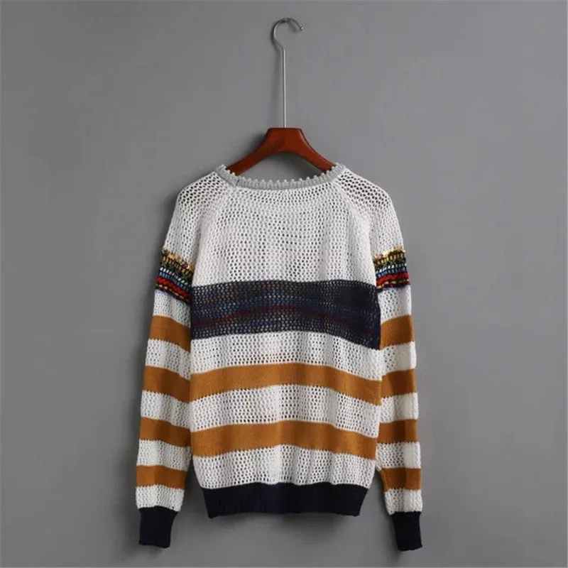 New O-Neck Autumn Women Sweater Full Sleeve Pullovers Knitting Fashion Sequined Hole Outwear 72088 GS