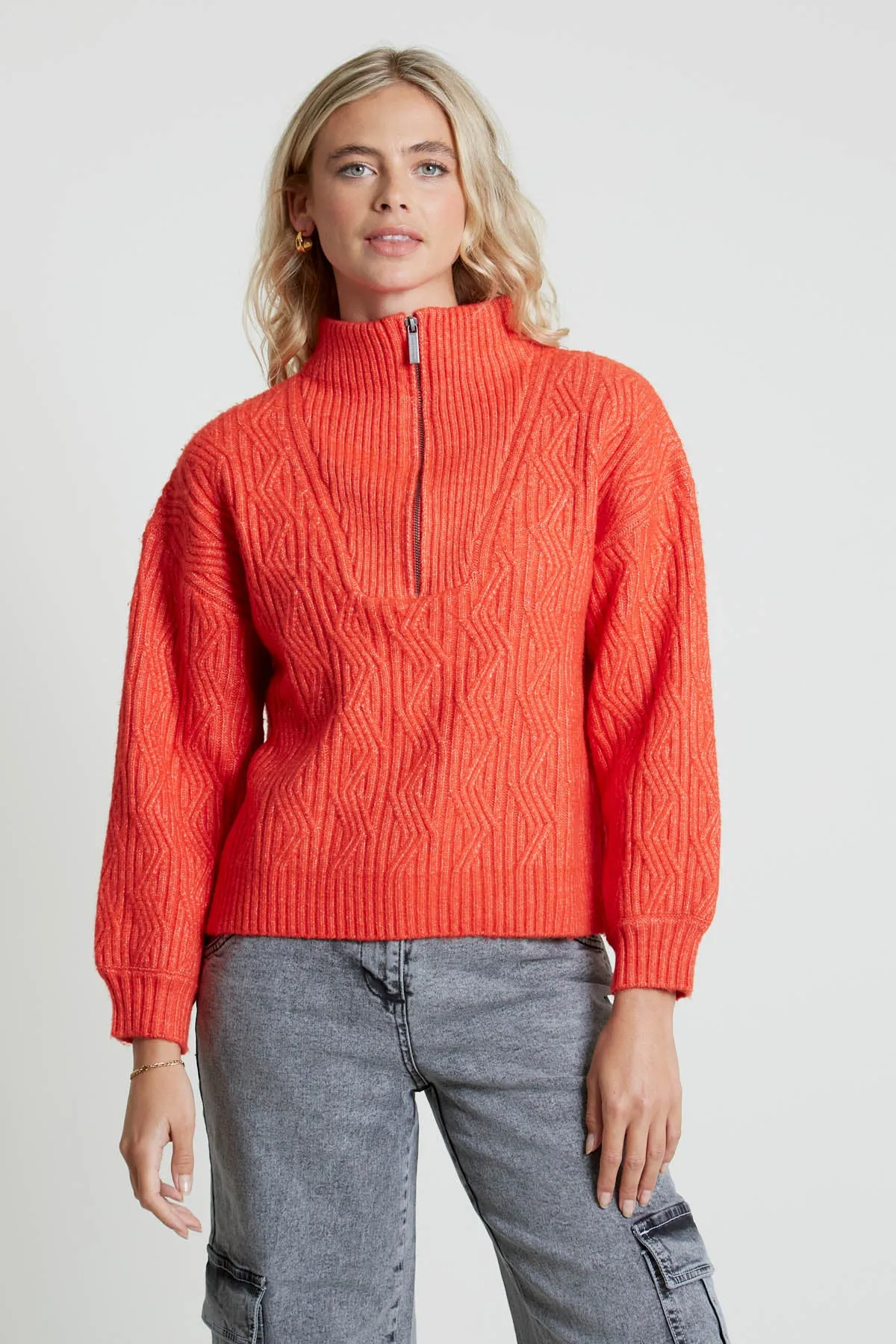 OPIA 1/4 ZIP CABLE KNIT JUMPER WITH DROPPED SHOULDER