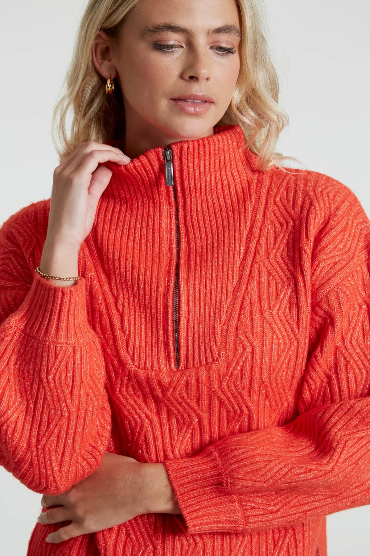 OPIA 1/4 ZIP CABLE KNIT JUMPER WITH DROPPED SHOULDER