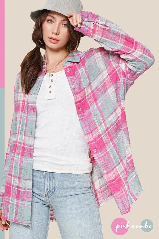 Peony Long Sleeve Plaid Button Down Shirt