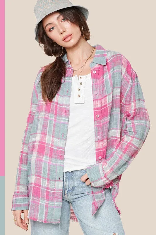 Peony Long Sleeve Plaid Button Down Shirt