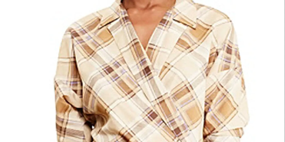 Ralph Lauren Women's Plaid Long Sleeve V Neck Wrap Top Brown Size Medium