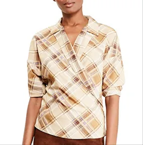 Ralph Lauren Women's Plaid Long Sleeve V Neck Wrap Top Brown Size Medium