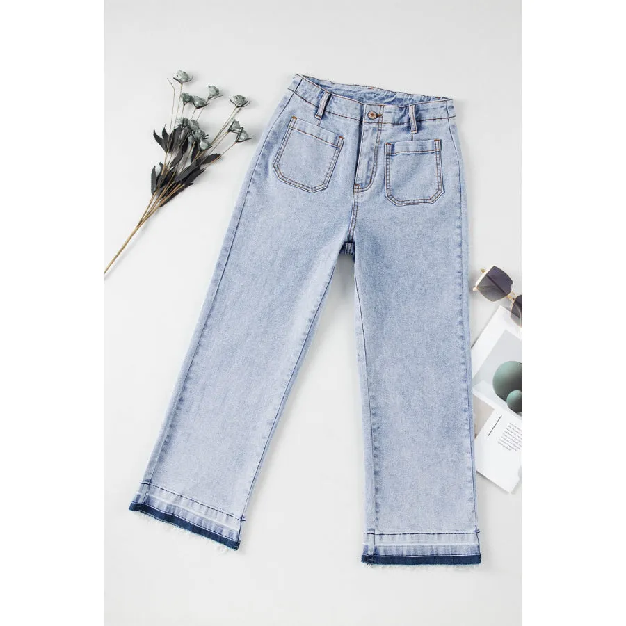 Raw Hem Straight Jeans with Pockets