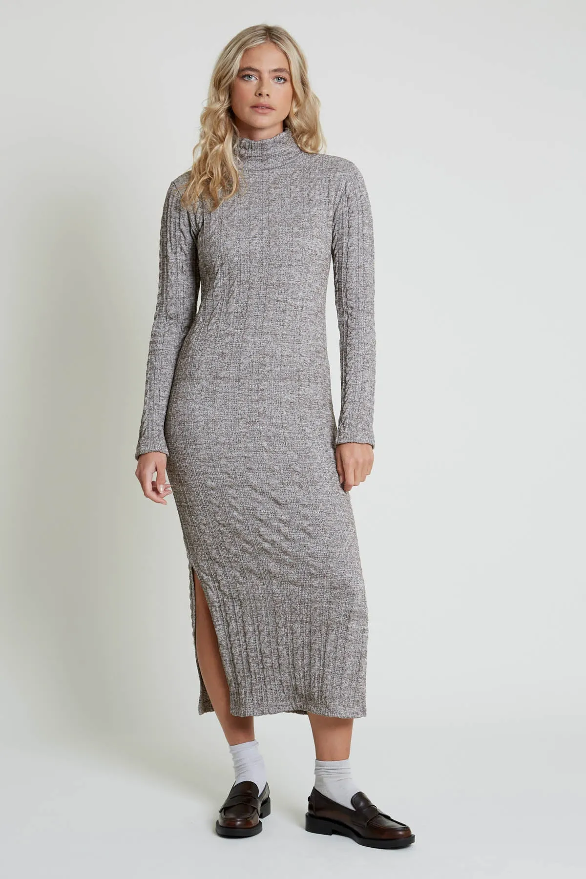 REIBA LONG SLEEVE CABLE KNIT HIGH NECK MIDAXI DRESS