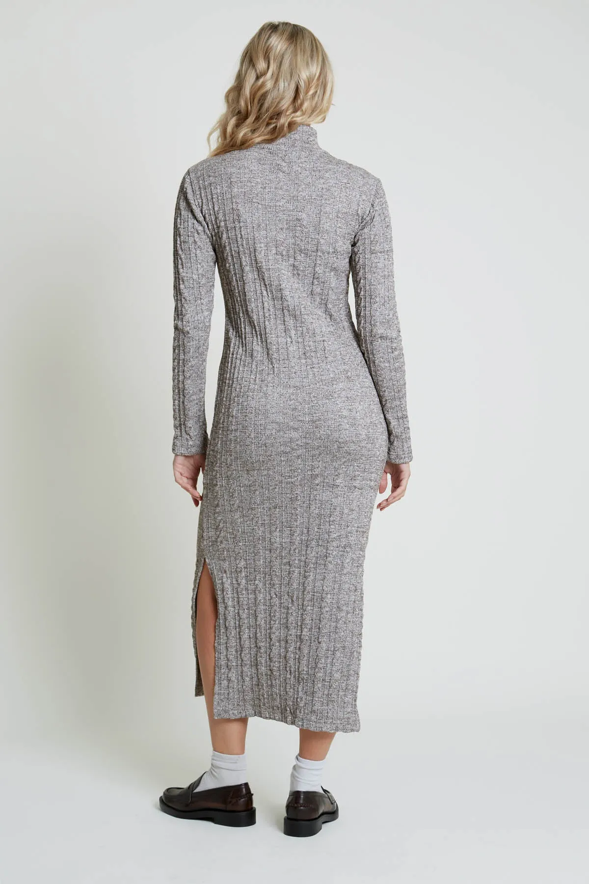 REIBA LONG SLEEVE CABLE KNIT HIGH NECK MIDAXI DRESS