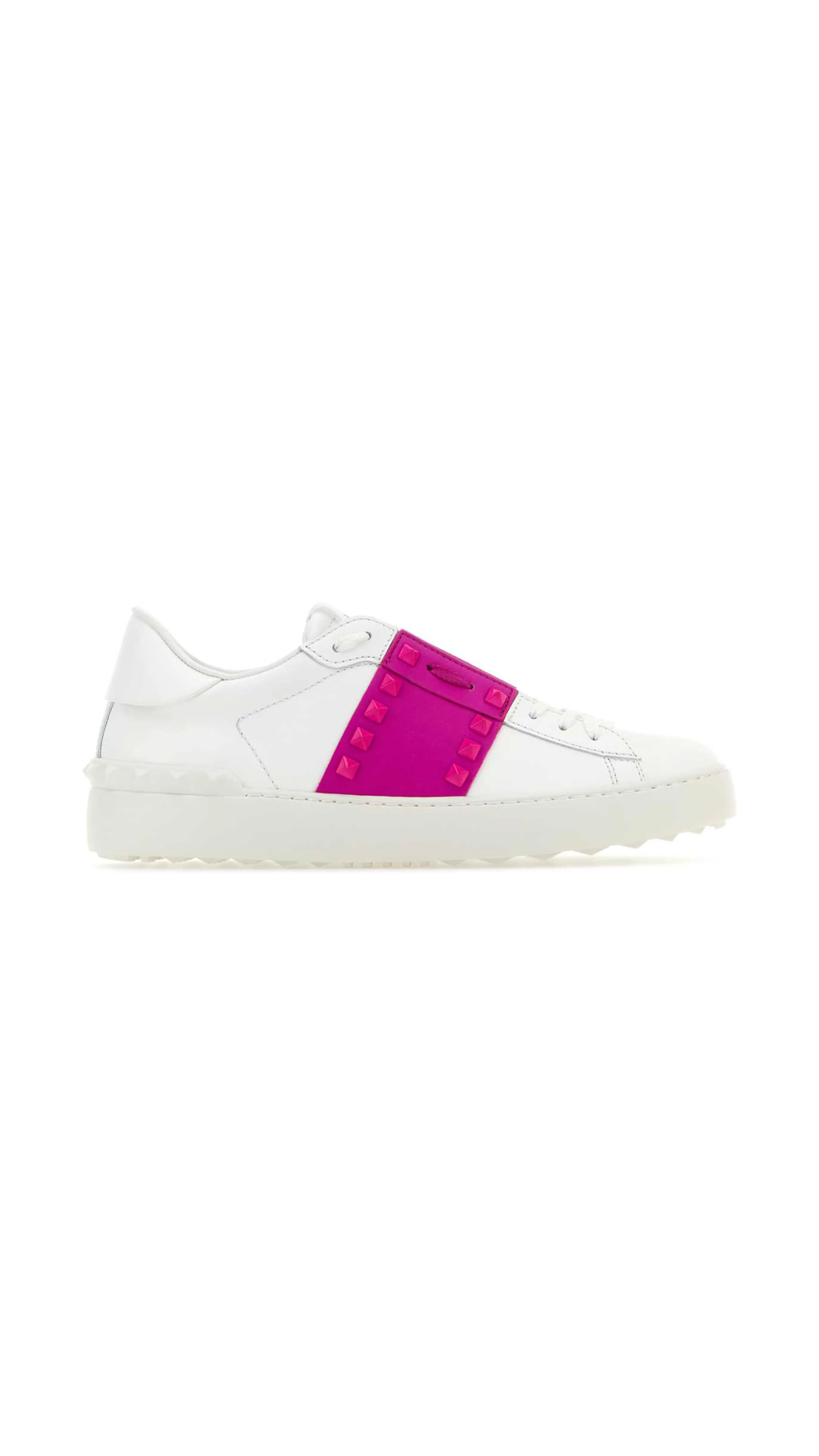 Rockstud Untitled Sneaker in Calfskin Letaher and Tonal Studs - White/Pink PP