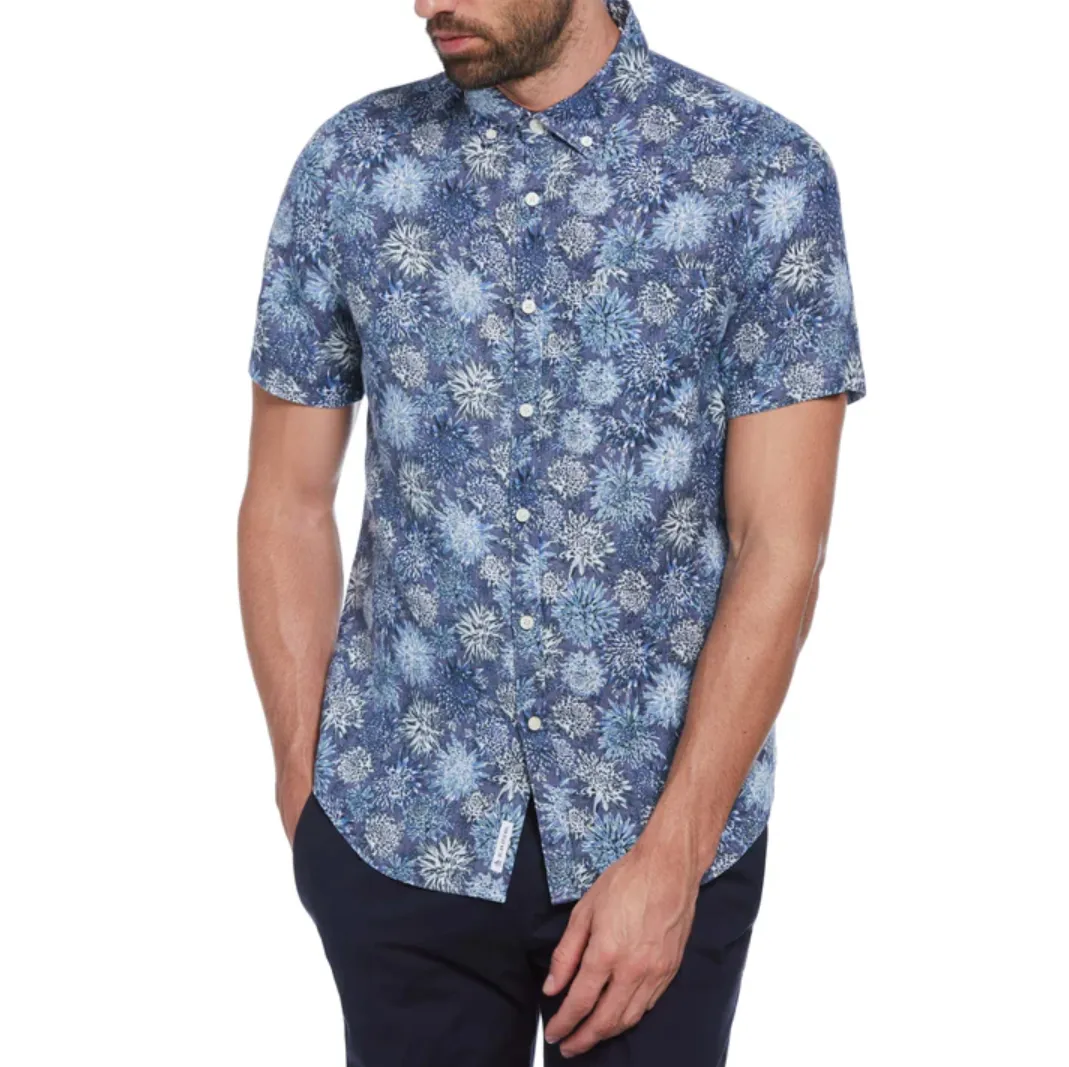 SHORT SLEEVE ABSTRACT FLORAL BUTTON DOWN SHIRT