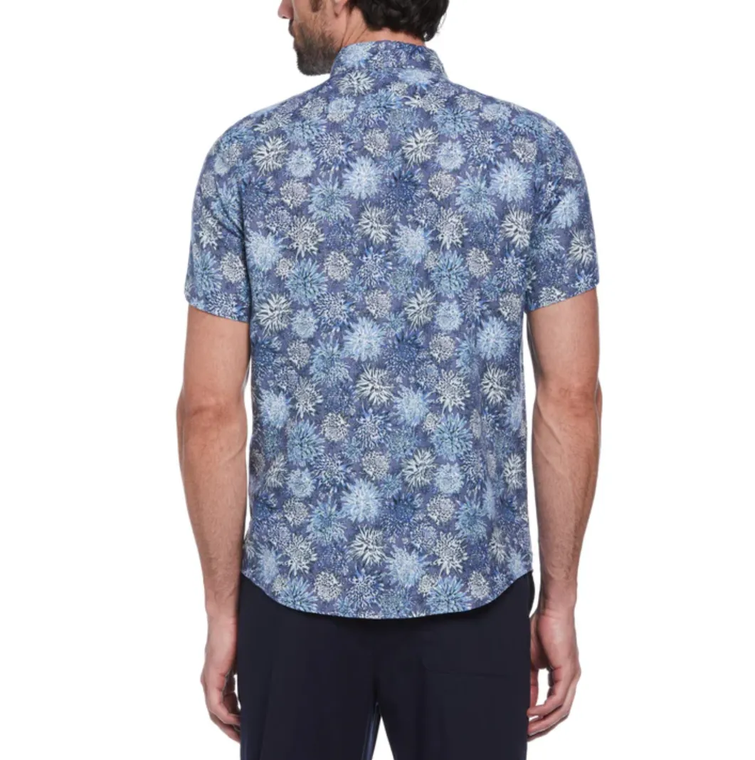 SHORT SLEEVE ABSTRACT FLORAL BUTTON DOWN SHIRT