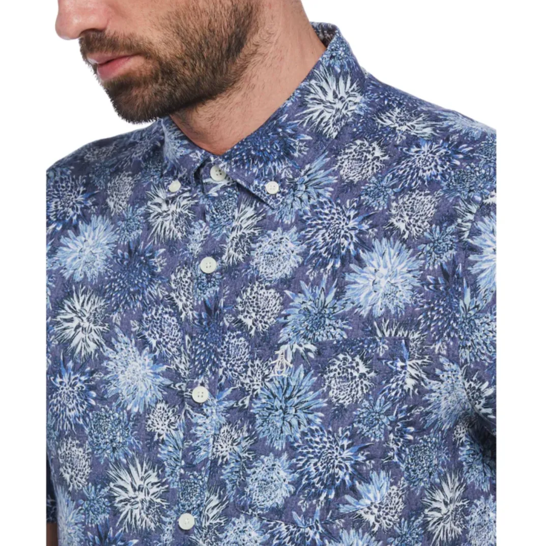 SHORT SLEEVE ABSTRACT FLORAL BUTTON DOWN SHIRT