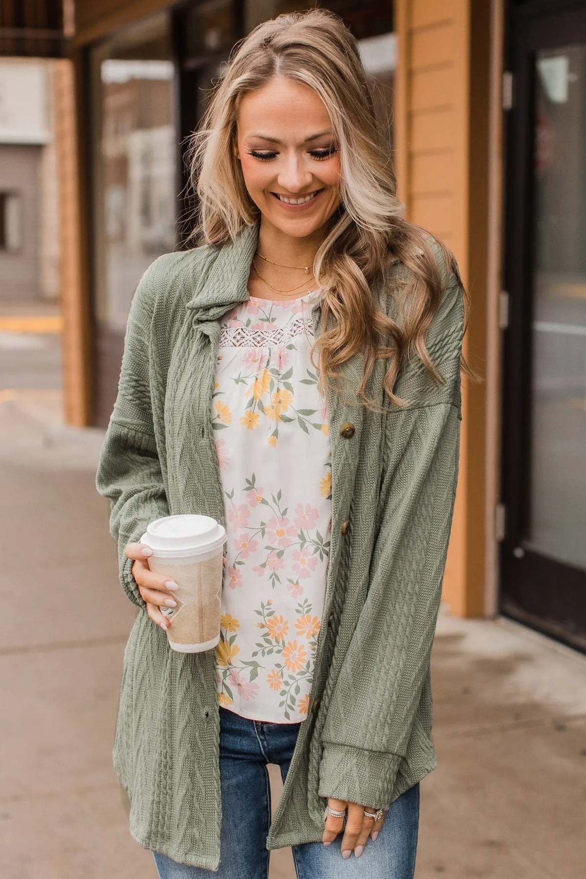 Simply Radiant Cable Knit Button Top- Olive