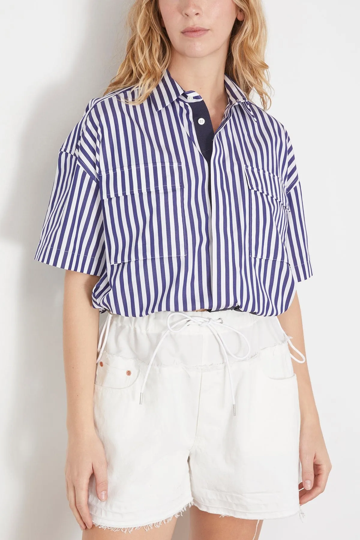 Thomas Mason Cotton Poplin Shirt in Navy Stripe