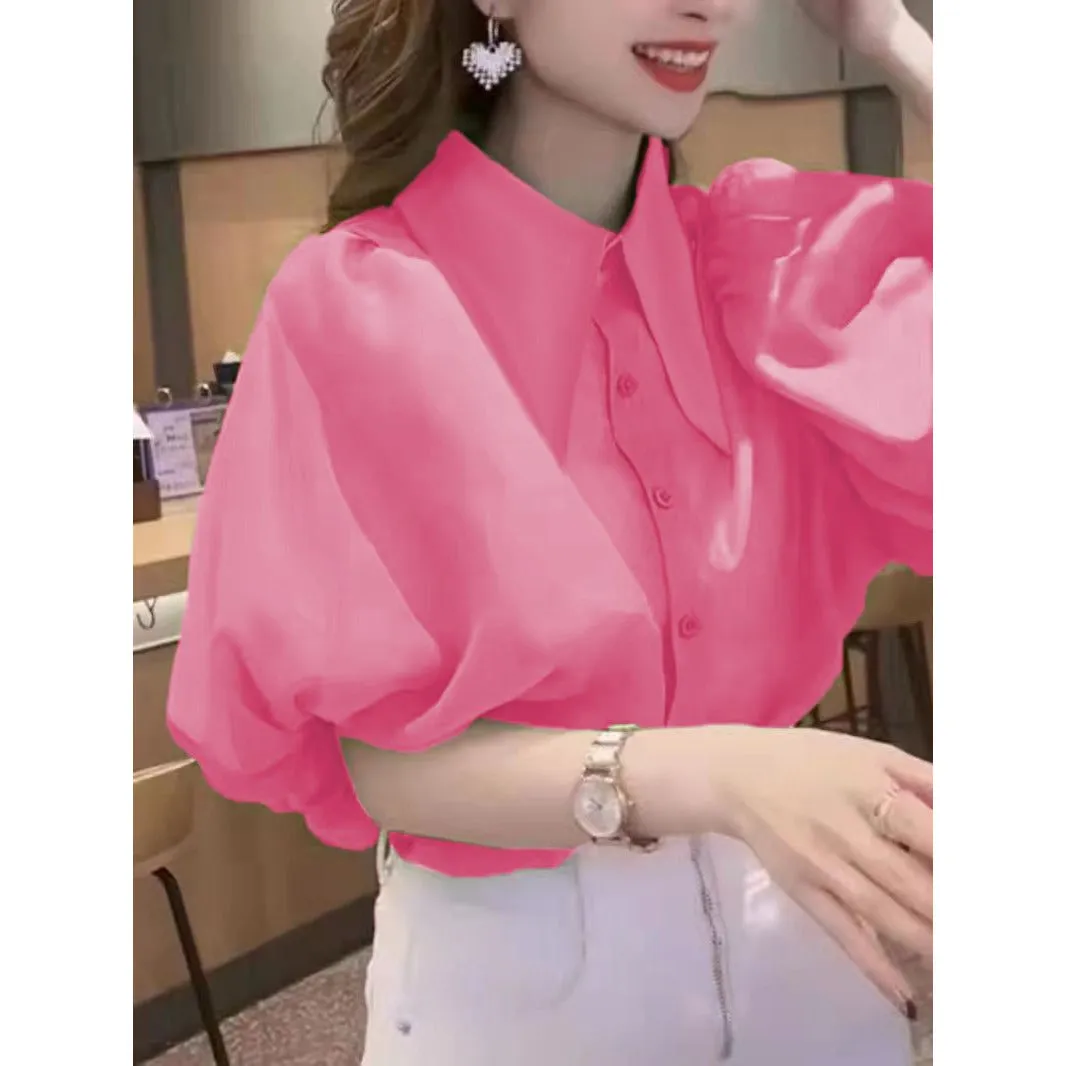 Turn-Down Collar Half Puff Sleeve Shirt