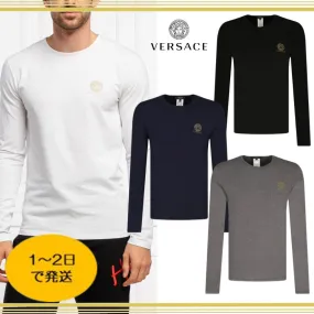 VERSACE  |Crew Neck Long Sleeves Plain Cotton Long Sleeve T-shirt Logo