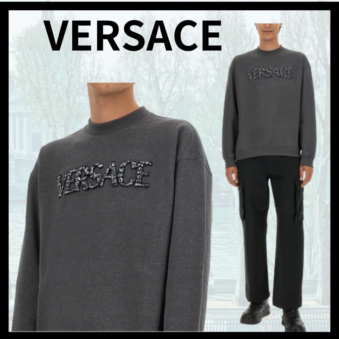 VERSACE  |Crew Neck Pullovers Long Sleeves Plain Cotton Logo Luxury