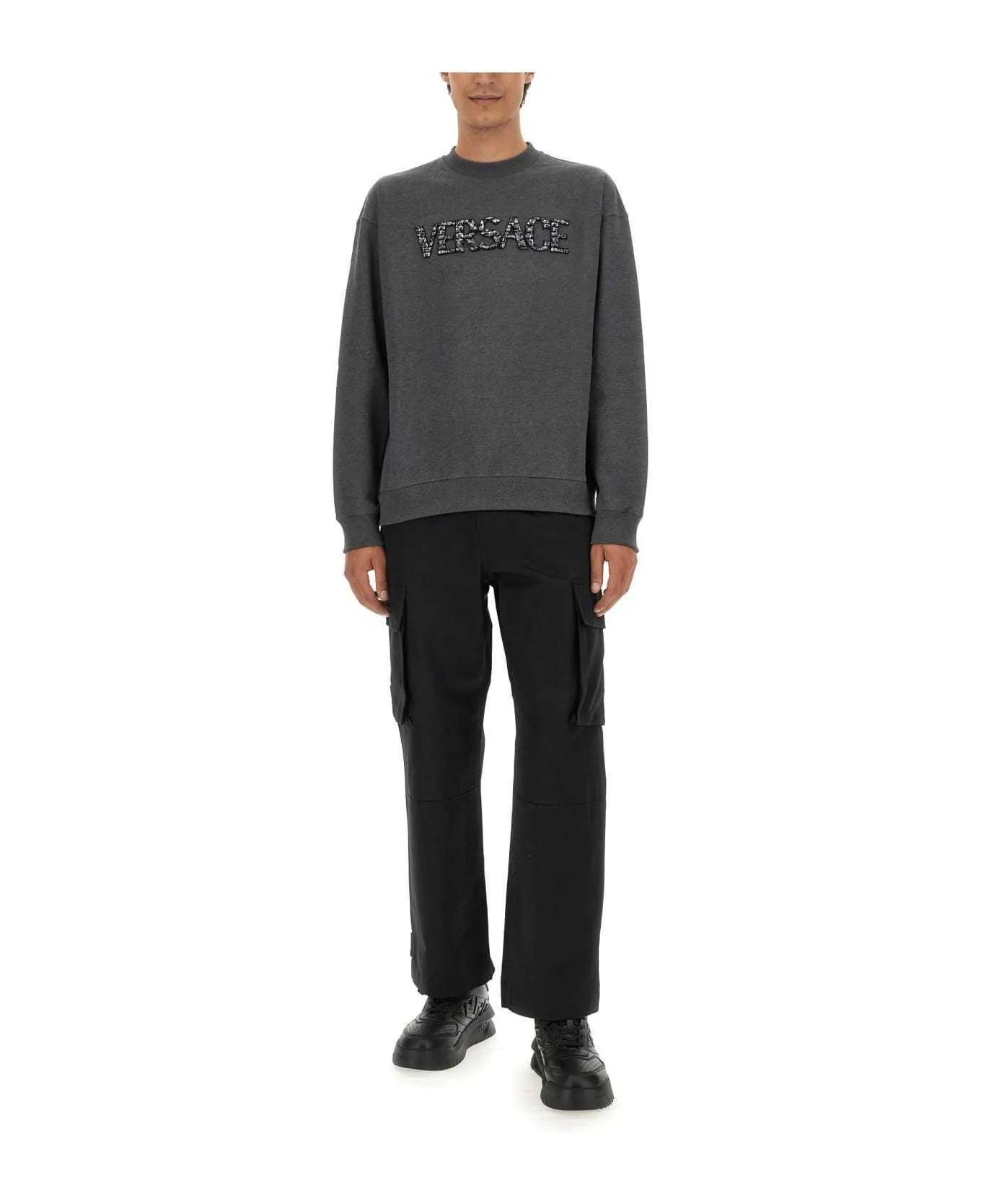 VERSACE  |Crew Neck Pullovers Long Sleeves Plain Cotton Logo Luxury