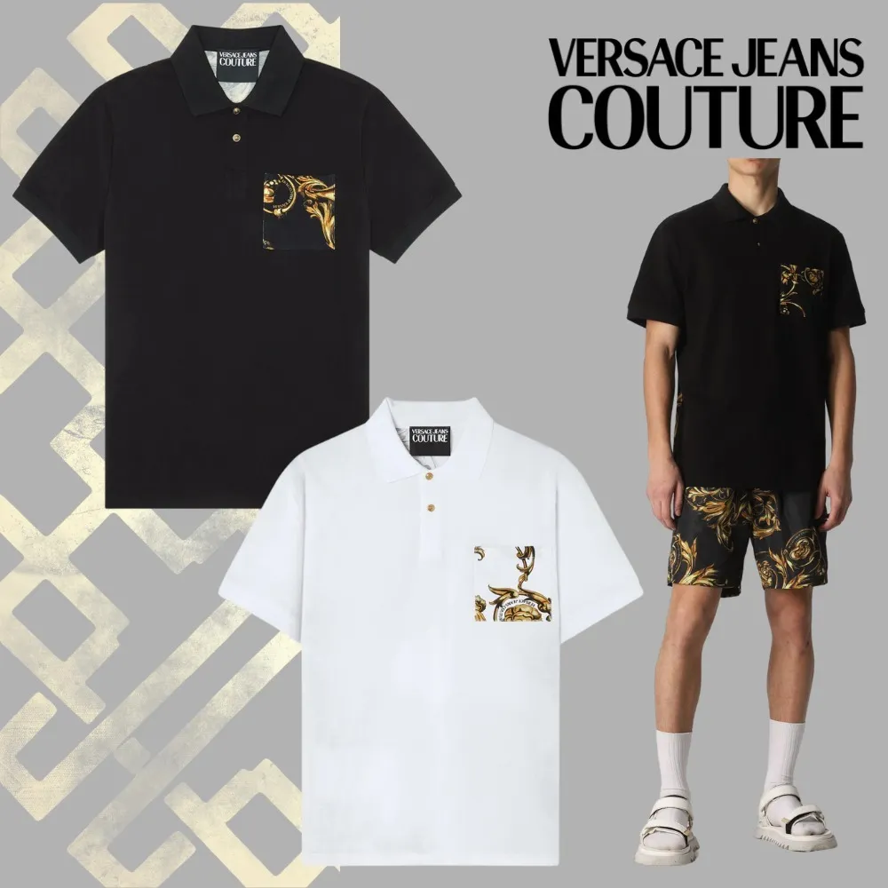 VERSACE JEANS  |Street Style Plain Cotton Short Sleeves Polos