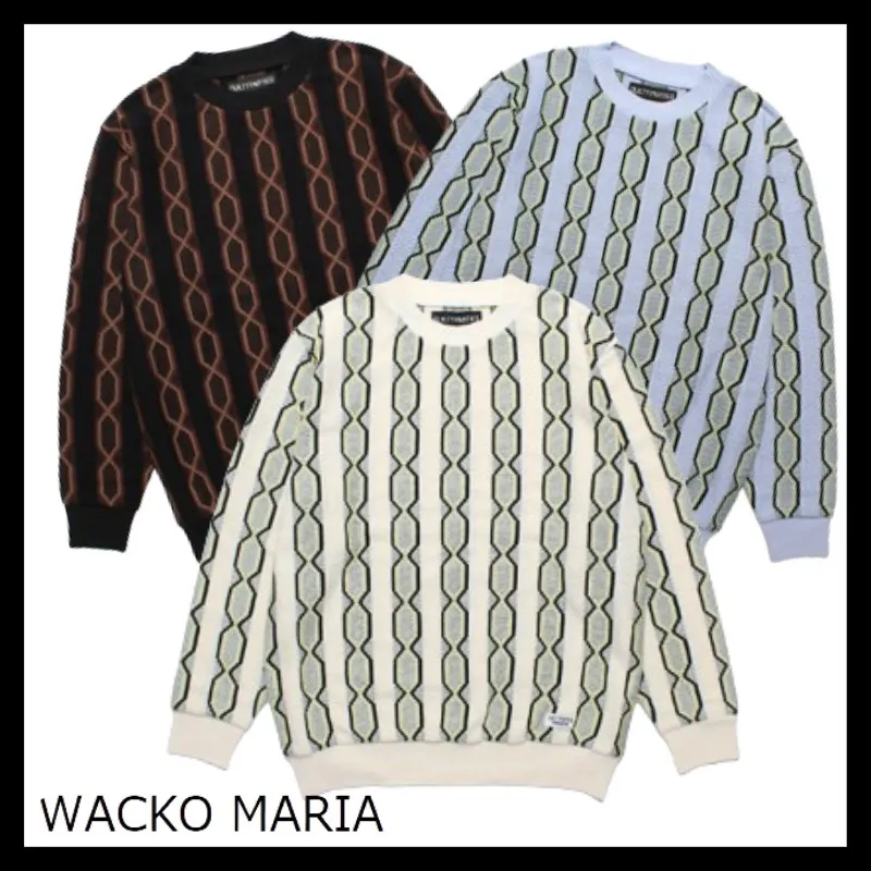 WACKO MARIA  |Crew Neck Pullovers Stripes Long Sleeves Cotton Oversized