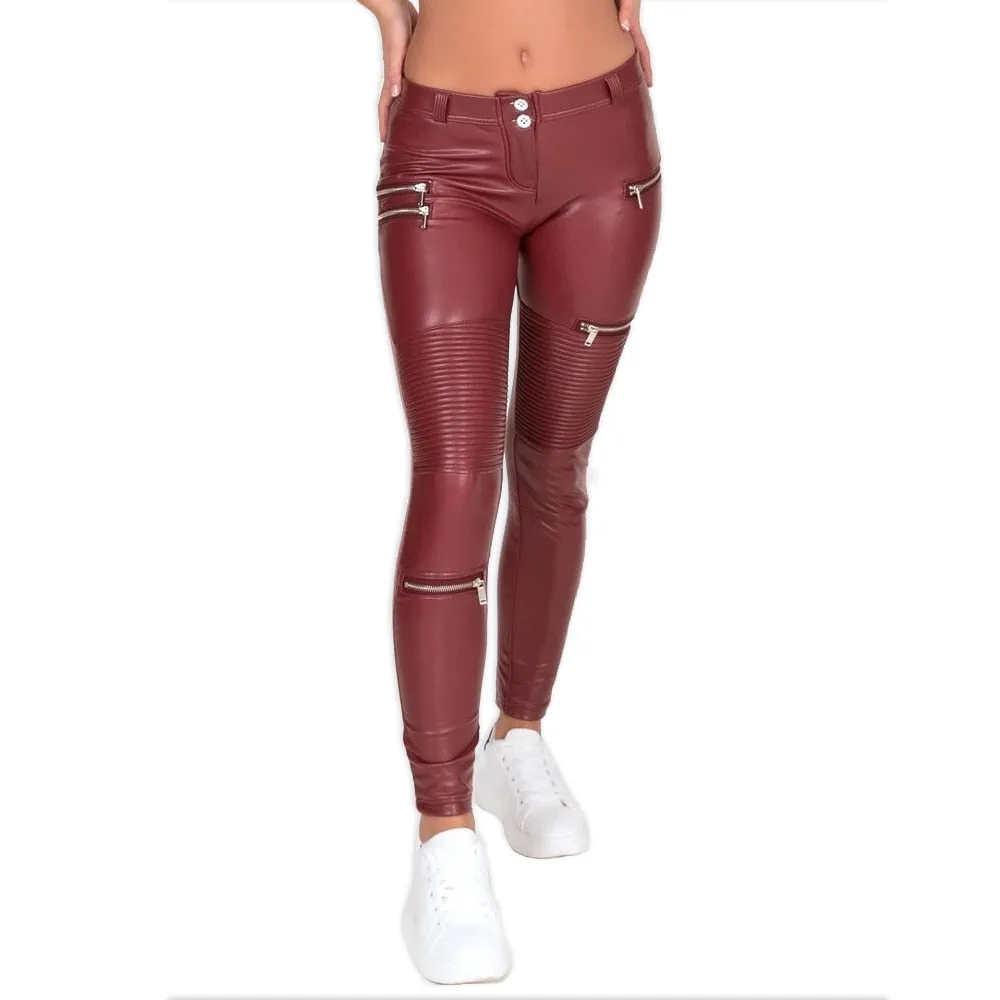 Warm biker faux leather pants with zipper decoration