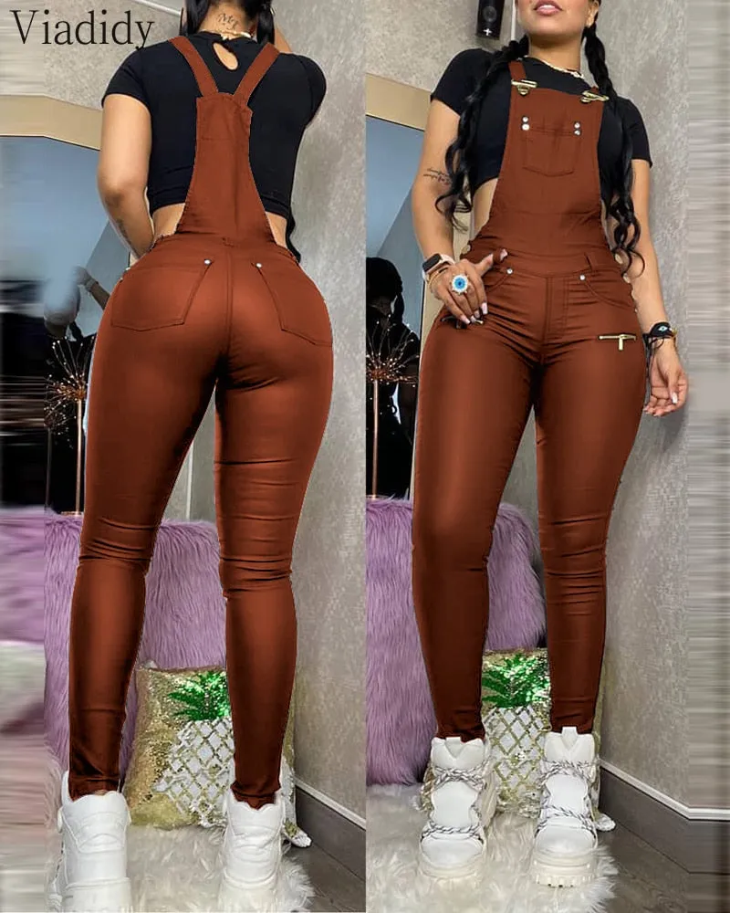 Women Fashion Buckled Zipper Design PU Suspender Jumpsuit