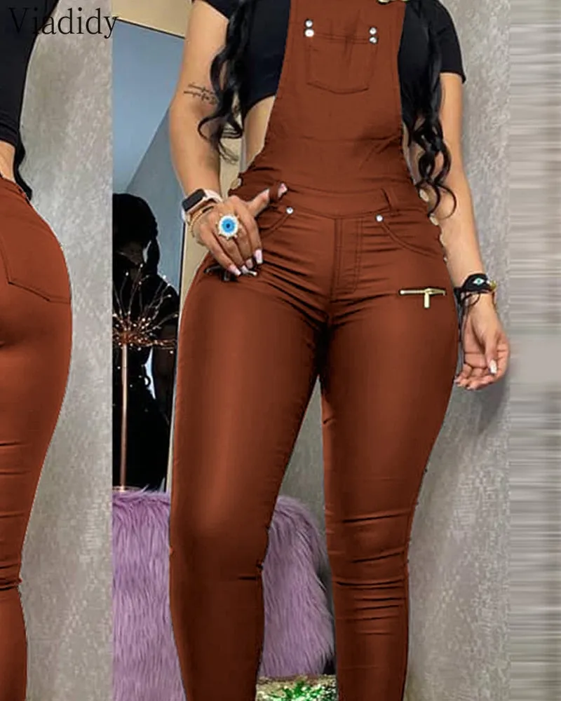 Women Fashion Buckled Zipper Design PU Suspender Jumpsuit