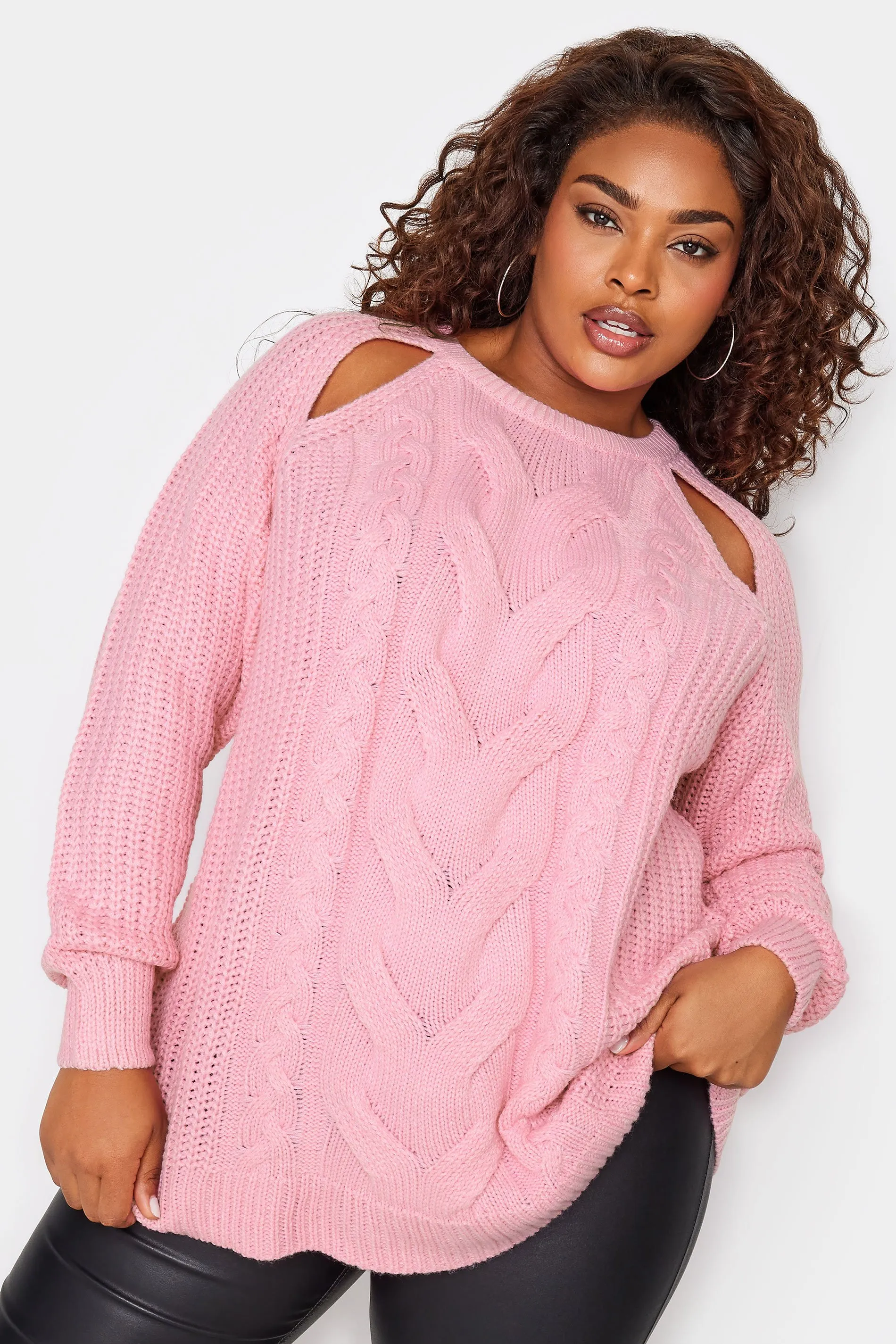 YOURS Curve Pink Cable Knit Cut Out Jumper