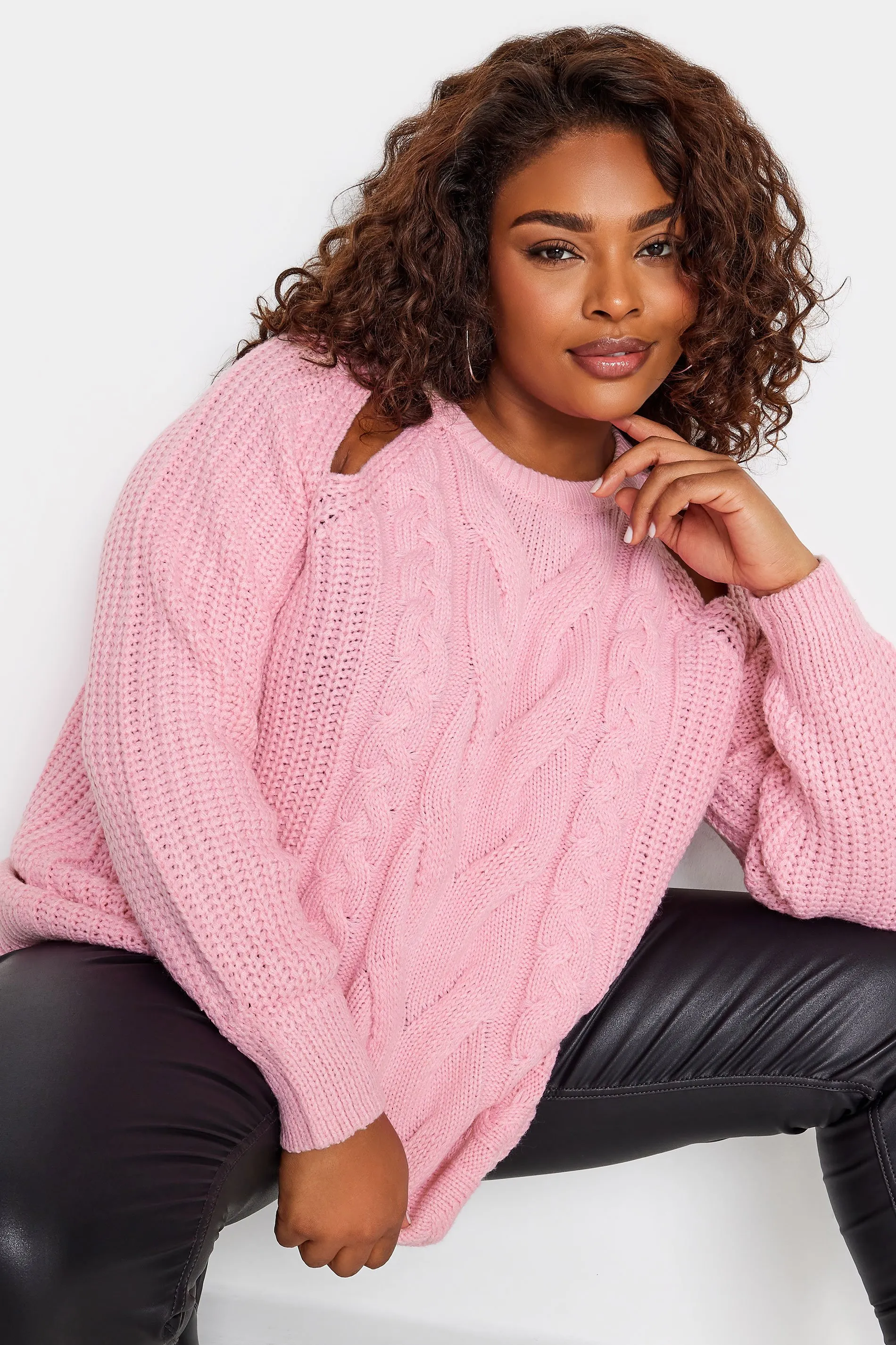 YOURS Curve Pink Cable Knit Cut Out Jumper